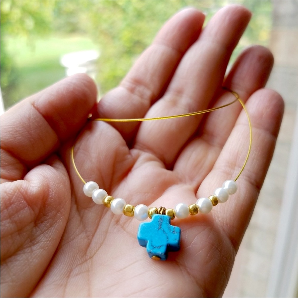 Genuine Turquoise Gemstone Symbolic Cross Faux Pearl Choker Necklace NEW